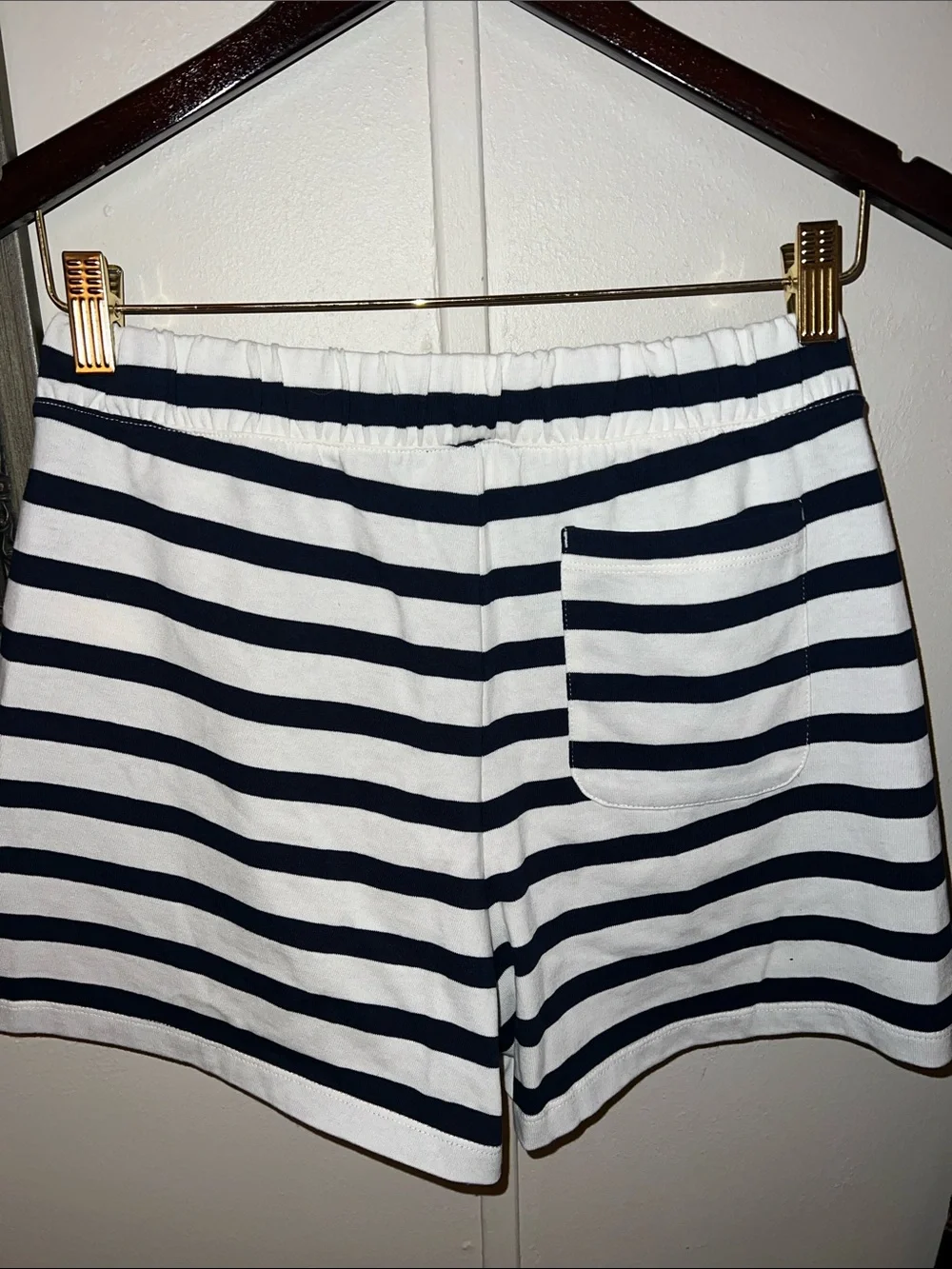 J Crew navy and white striped thick jersey shorts.